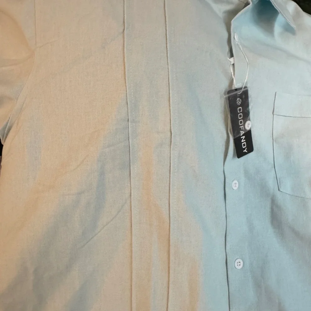 COOFANDY Men's Short Sleeve Button Down Shirt Light Blue Linen Blend‎ XXLarge